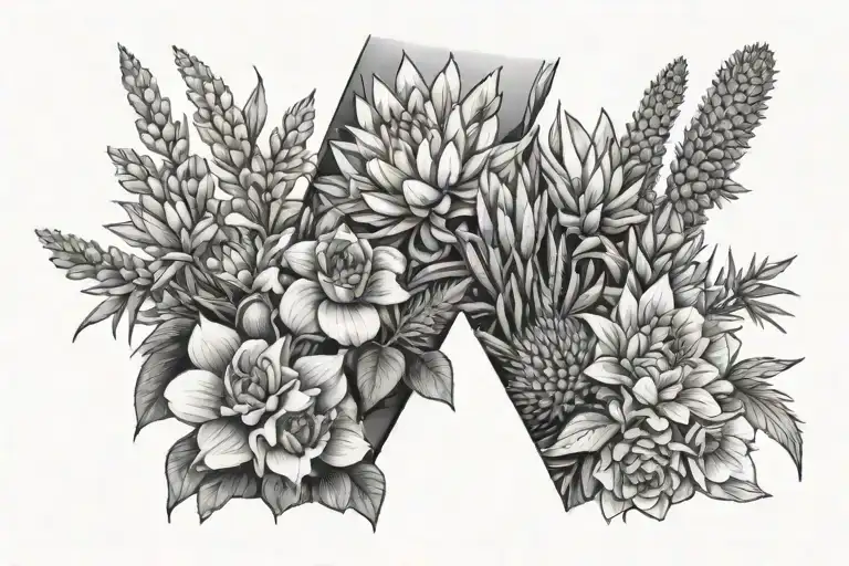 forearm sleeve featuring lupins, fireweed, foxglove, barrel cactus flower, rhododendron,  tattoo design idea