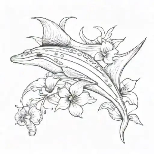 a sting ray, hammer head shark and hibiscus flower tattoo design idea