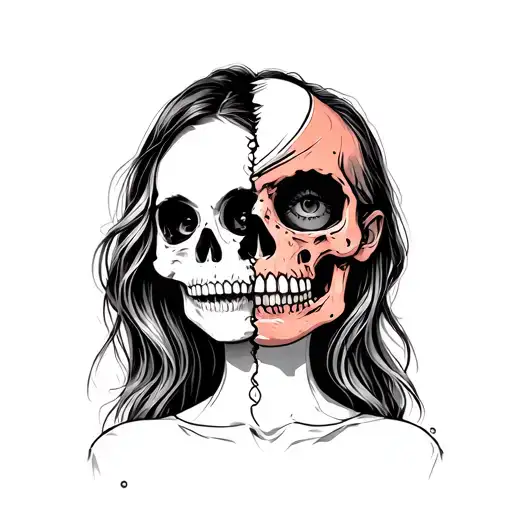 girl with half face morphing skull tattoo design idea