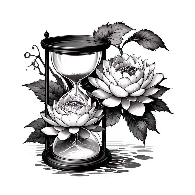 hourglass with lotus and peony flower growing tattoo design idea