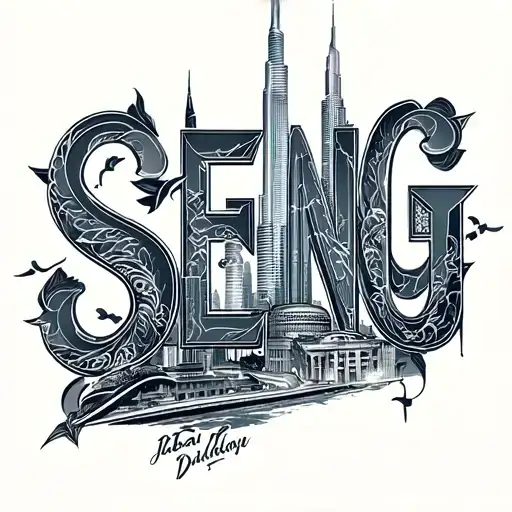 "SENG" Create a highly detailed, full-color tattoo-style illustration featuring Dubai's iconic landmarks such as Burj Khalifa,  tattoo design idea
