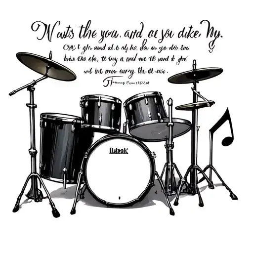 Bible verse and drum set surrounded my music notes tattoo design idea