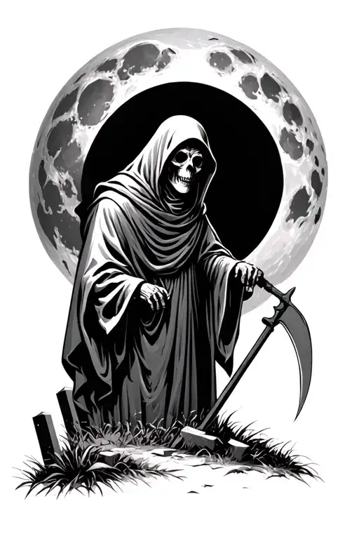 grim Reaper with scythe in a graveyard underneath a full moon tattoo design idea