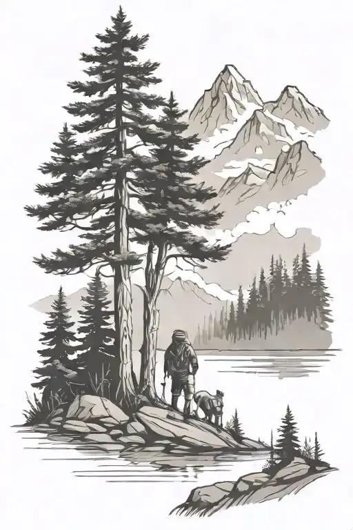 design me a large tattoo for a dad that loves outdoors and hiking. I would like a silhouette of a dad with four children tattoo design idea