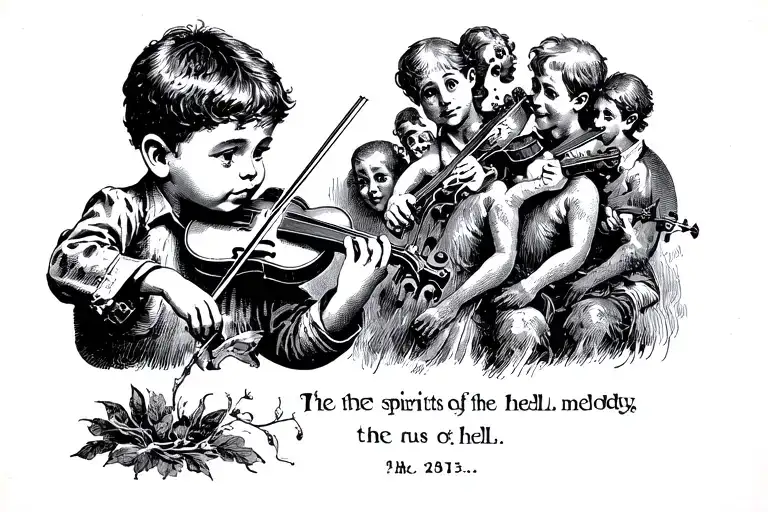 a little boy plays the violin, and behind him the spirits of hell listen to his melody tattoo design idea