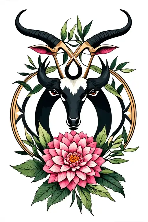 Taurus symbol with Sagittarius symbol, Olive branch, dahlia flower , feminine in style tattoo design idea