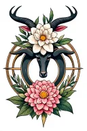 Taurus symbol with Sagittarius symbol, Olive branch, dahlia flower , feminine in style tattoo design idea