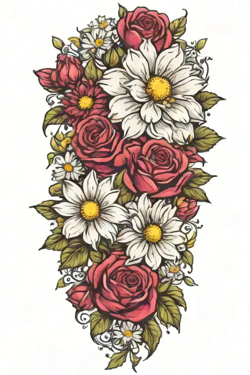 An intricate tattoo of a boquet of roses, daisys, and cosmos flowers tattoo design idea