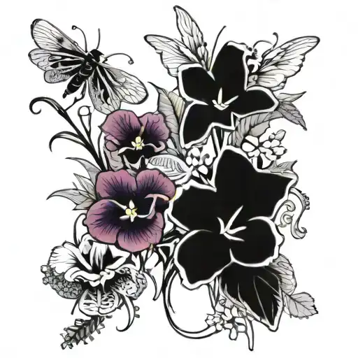 A whimsical scene of frogs and dragonflies frolicking in a field of African violets and pansies tattoo design idea