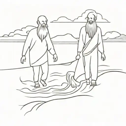 A tattoo of a grandson and grandfather with a long beard crossing a river tattoo design idea