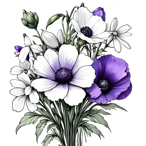 narcissius flower, cosmos flower, violet flower, poppy flower, and snowdrop flower bouquet tattoo design idea