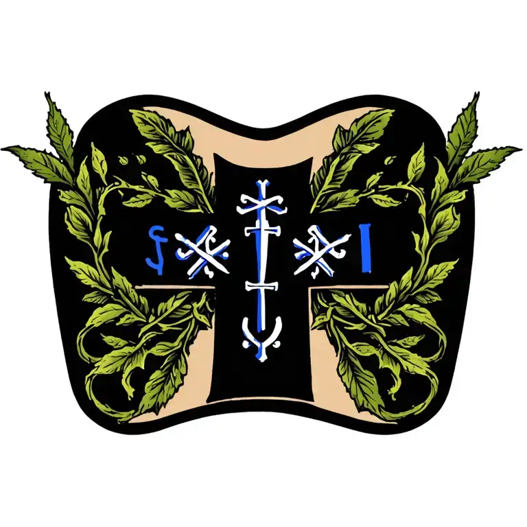 cross with three sets of initials surround it and attached to cross by vines. small thin blue line in part of cross. pat tattoo design idea