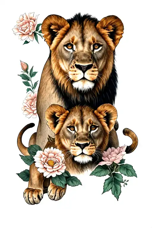 lioness 2 lion cubs flower tattoo design idea