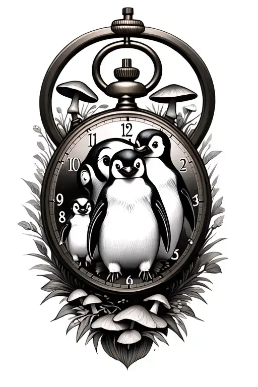 Penguin family with pocket watch with babies time and date and mushrooms surrounding  tattoo design idea