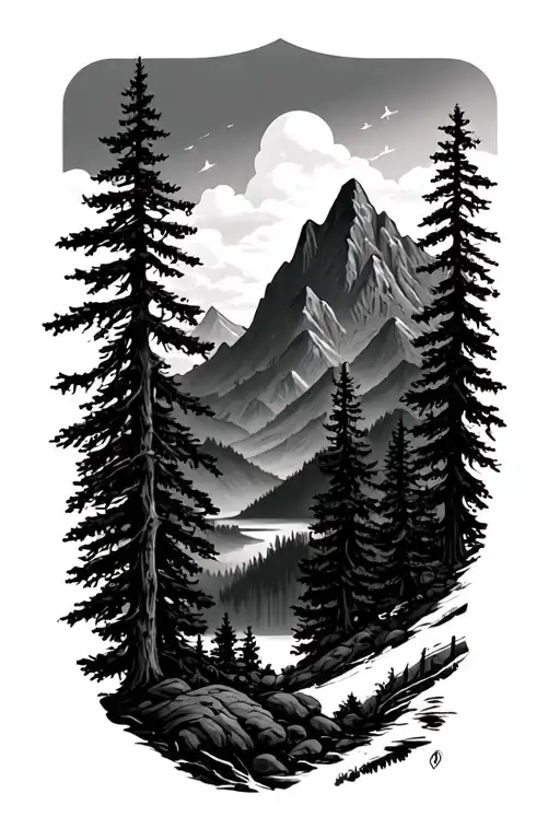 trees and mountains tattoo design idea