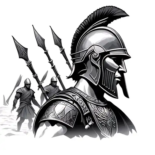 Spartan soldier wearing helmet side profile with smaller Spartan soldiers holding spears and Sheilds, Greek patterns  tattoo design idea