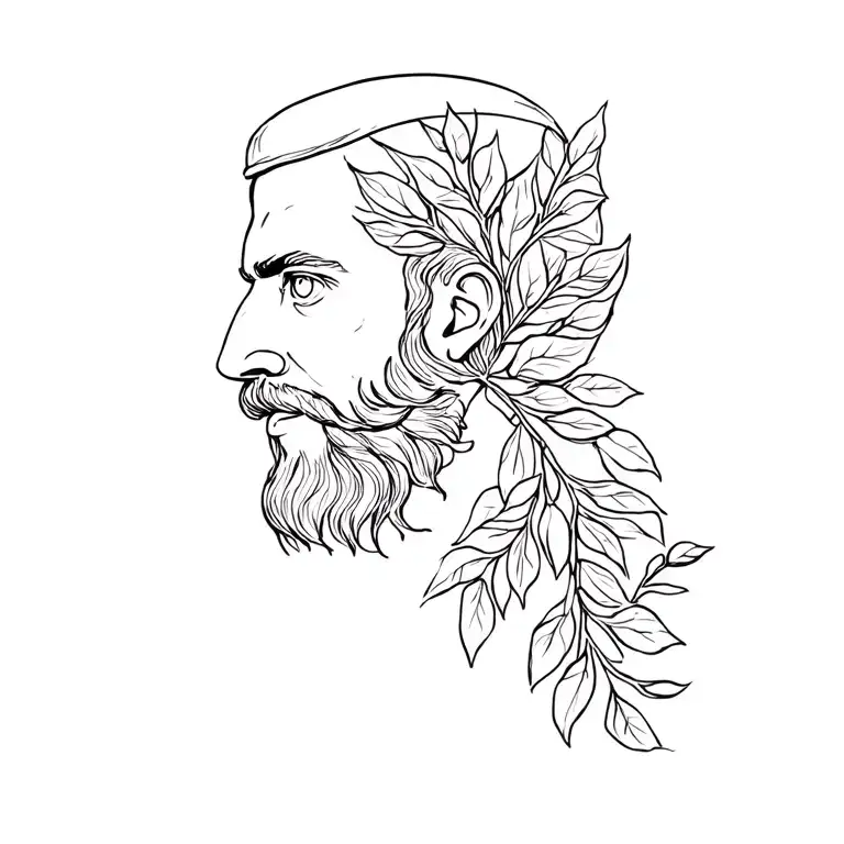 bearded man face in profile hollow eyes laurel leaf and olive trees tattoo design idea