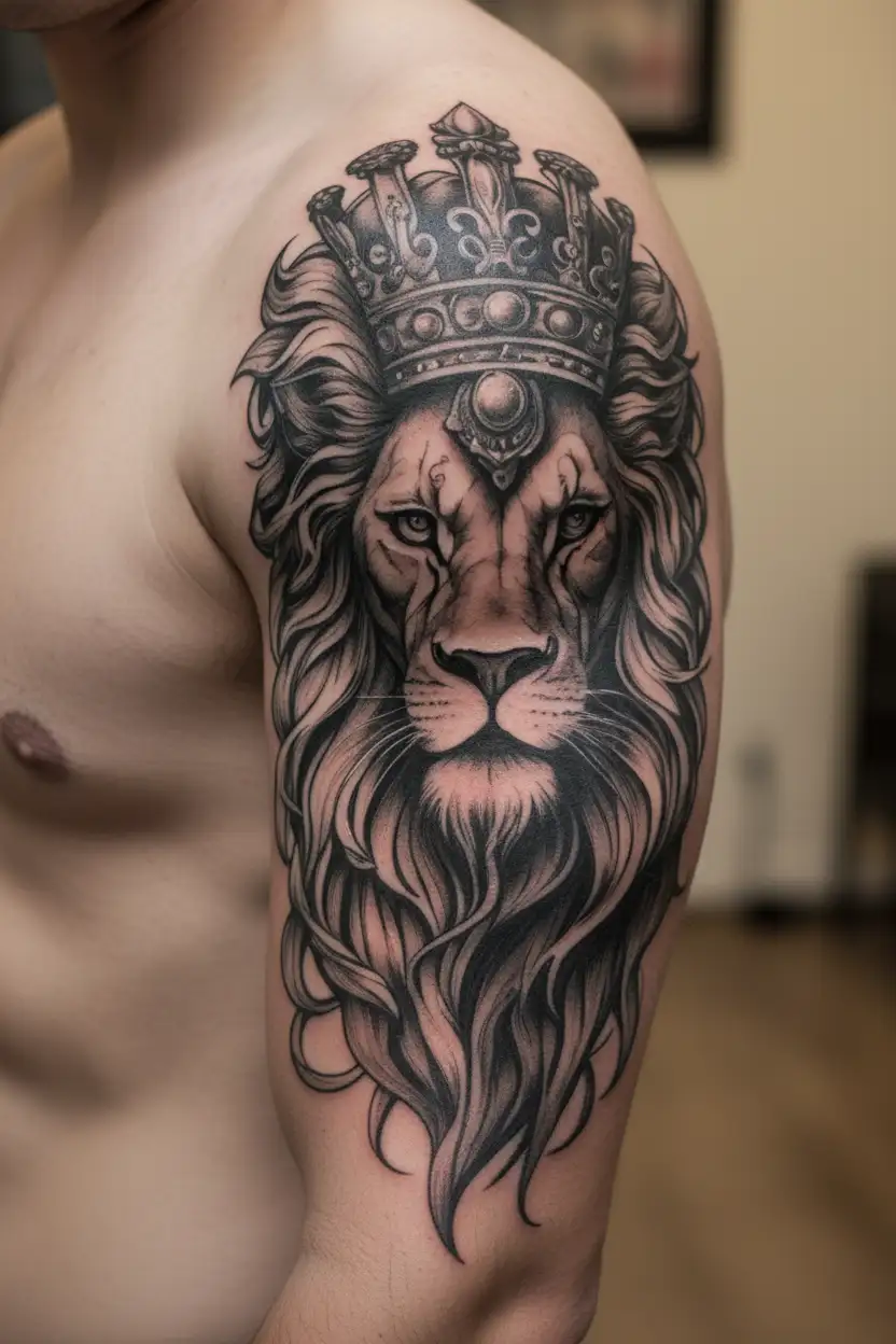 crowned lion face tattoo design idea