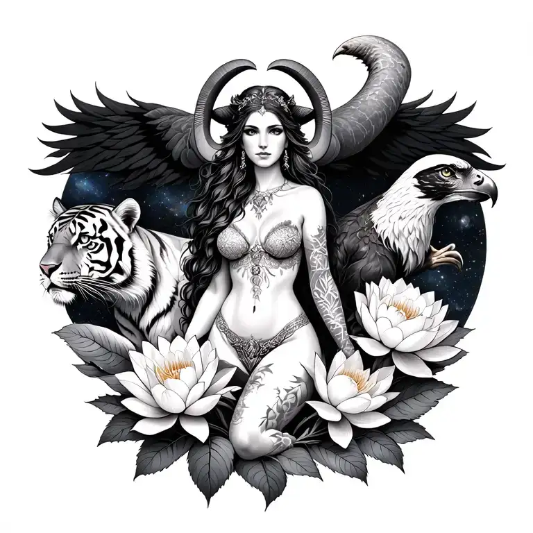 sexy aries goddess surrounded by lotus and peony flowers growing with a hawk and a tiger in a galaxy landscape with mars tattoo design idea