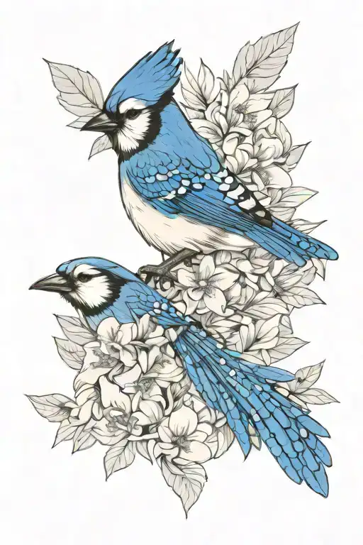 blue jay bird flying, larkspur flower tattoo design idea
