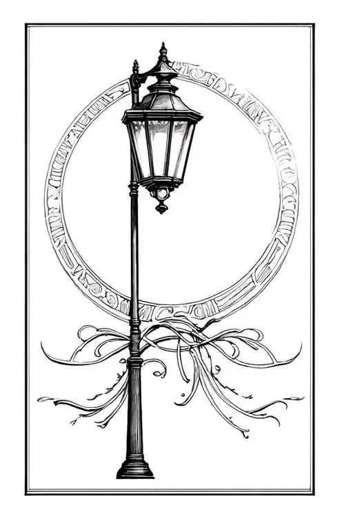 want a tattoo with a vintage street lamp in the center — think old-fashioned, with clean, bold lines and art deco tattoo design idea