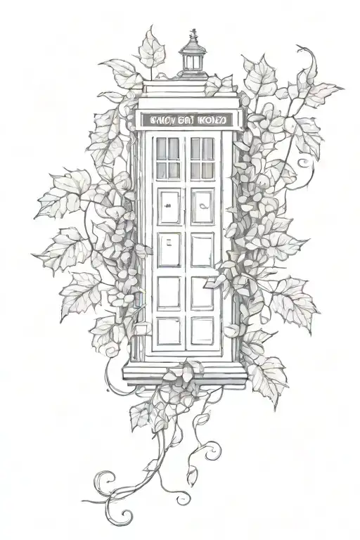 small tardis with small ivy leaves intertwined tattoo design idea