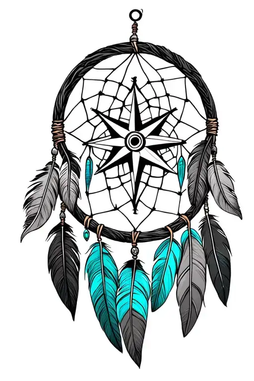feather mountain compass dream catcher turquoise tattoo design idea