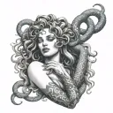 forearm sleeve of Medusa holding snakes wrapped around her hand  tattoo design idea