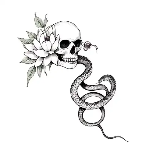 snake wrapped around a skull with cherries for eyes in a bed of flowers and a black lotus  tattoo design idea