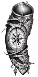 A compass intertwined with elegant calligraphy writing encased in Armor tattoo design idea