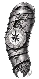 A compass intertwined with elegant calligraphy writing encased in Armor tattoo design idea