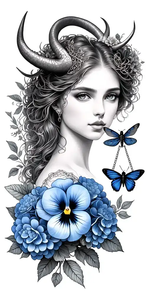 Capricorn woman with horns, Libra scales, pansy flower, butterfly, dragon fly, beetle, blue hydrangeas tattoo design idea