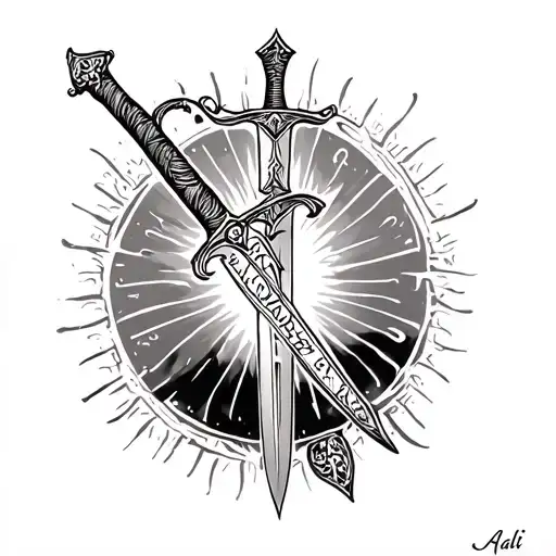 imam ali sword with quote written tattoo design idea