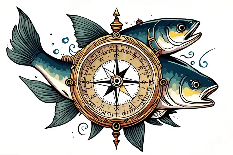 compass with clock with carp tattoo design idea