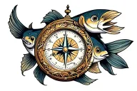 compass with clock with carp tattoo design idea