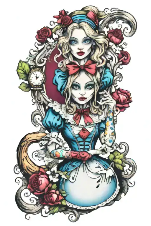 gothic sexy  Alice in wonderland sleeve tattoo with colour tattoo design idea