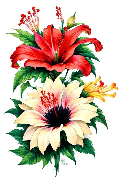 red spider lily, hibiscus, honeysuckle, narcisssus, queen of the night, sunflower tattoo design idea