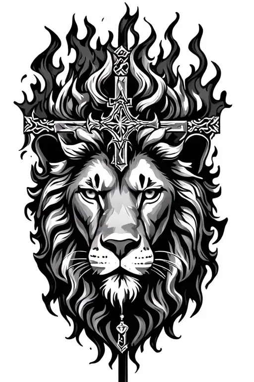 Lion head rosary cross fire tattoo design idea