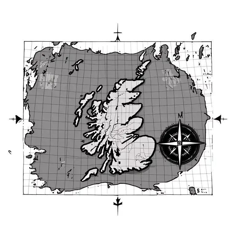 map of accurate outline of scotland with gridlines on top and a compass with north east south west tattoo design idea