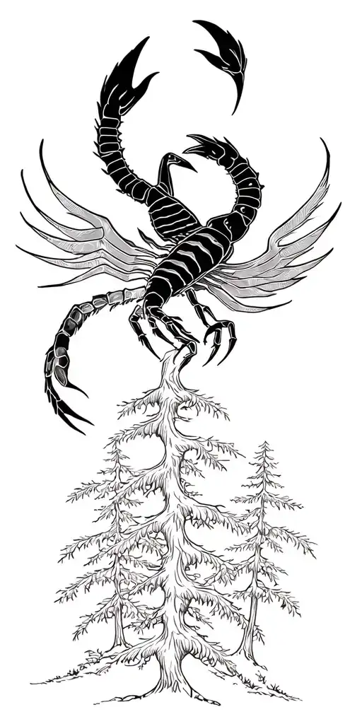 Phoenix with holding scorpion on top of forest tattoo design idea