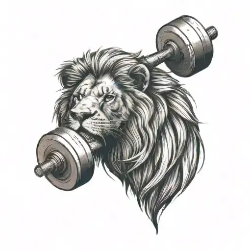 dumbell, heart beat lines, motivation quote written, Lion tattoo design idea