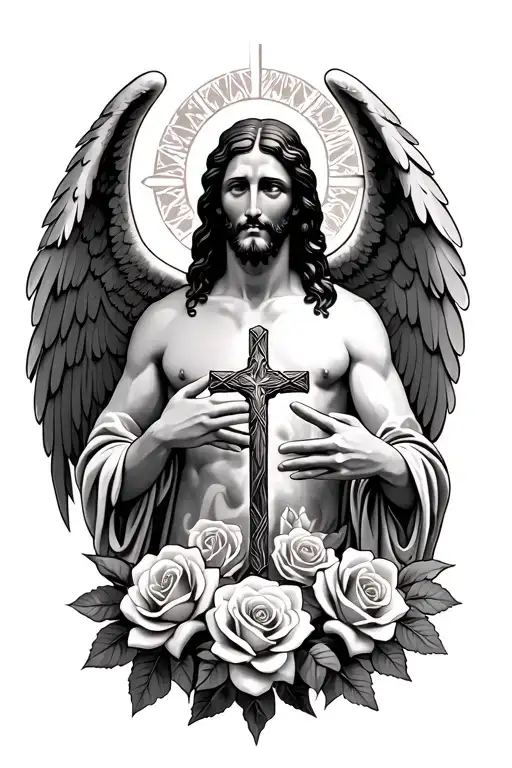 Jesus with angel with roses with cross tattoo design idea