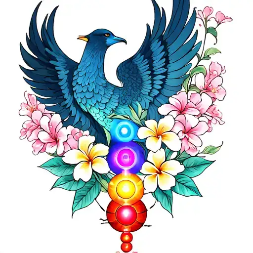 7 Chakras, Phoenix Rising, Free Spirit, spine tattoo with plumeria and cherry blossoms floating spin tattoo symmetrical  tattoo design idea