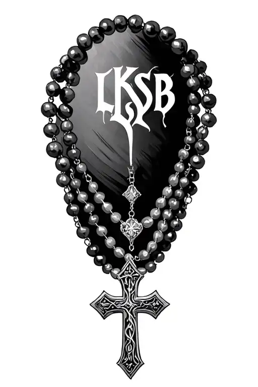 "LKSB" rosary beads and cross necklace tattoo design idea