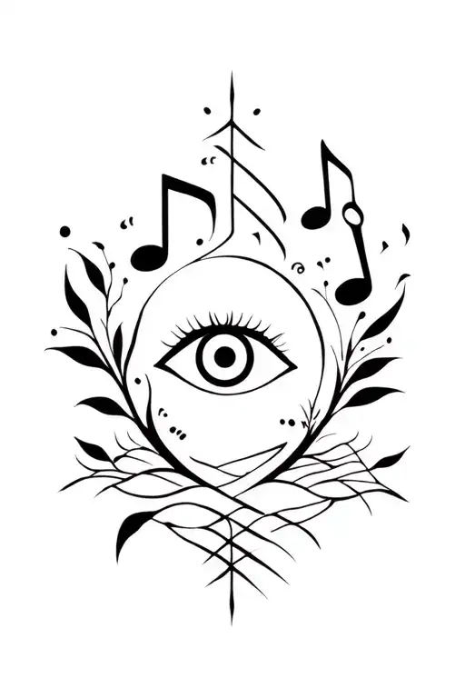 tribal whith music, television, eye, and countryside tattoo design idea