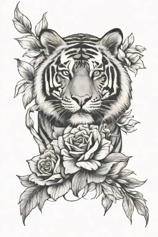 Tiger with Rose and Tulips daffodil tattoo design idea
