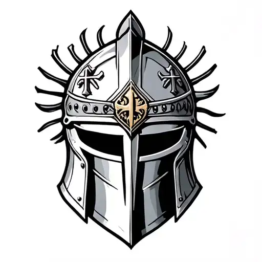 crusader helmet adorned with symbols tattoo design idea