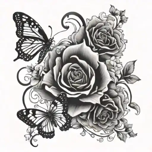 the name Valyria two circles three flowers and one butterfly presented as a black and white drawing. tattoo design idea