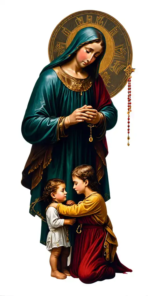  virgin marry, soldier praying on his knees  holding a rosary in the battlefield, 3 children unfreezing their father hea tattoo design idea