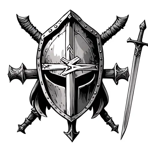 warrior helmet on the left side, warrior shield with Jesus cross in the middle, and sword on the right tattoo design idea